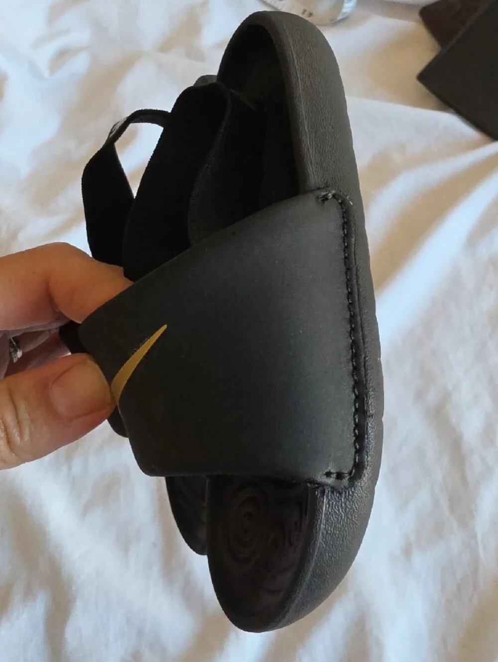 Nike Toddler Black Slide Sandals with Gold Swoosh